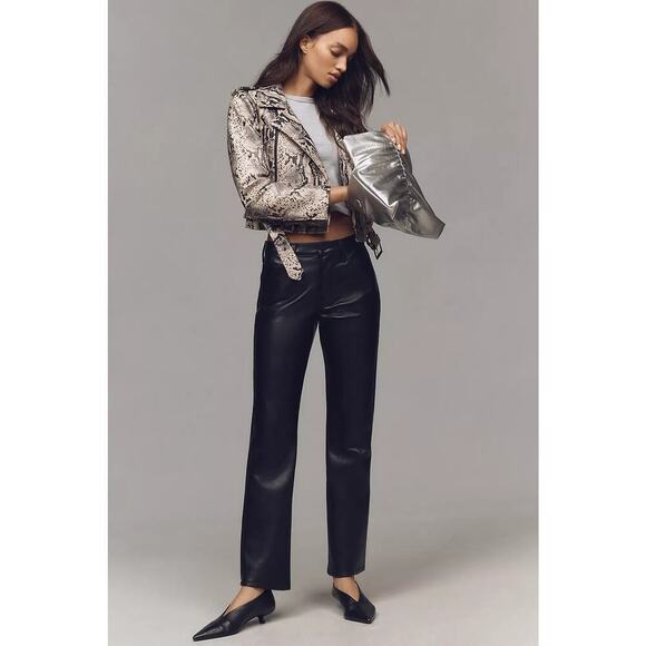MOTHER The Smarty Pants Skimp Leather High-Rise Straight-Leg Pants Black Size 30 - Picture 1 of 5